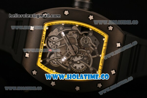 Richard Mille RM 055 Bubba Watson Tourbillon Manual Winding PVD Case with Skeleton Dial Black Rubber Strap and Yellow Inner Bezel - Click Image to Close